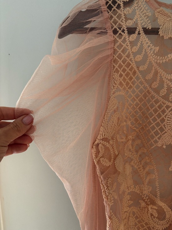 Peach Lace Mesh Puff Sleeve Crop Top Romantic Coquette Sheer Blouse S - Picture 11 of 15